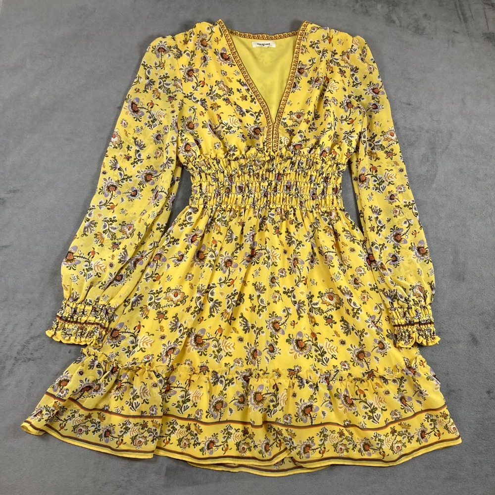 Max Studio Yellow Floral Smocked Waist Mini Dress V-Neck Long Sleeve Small